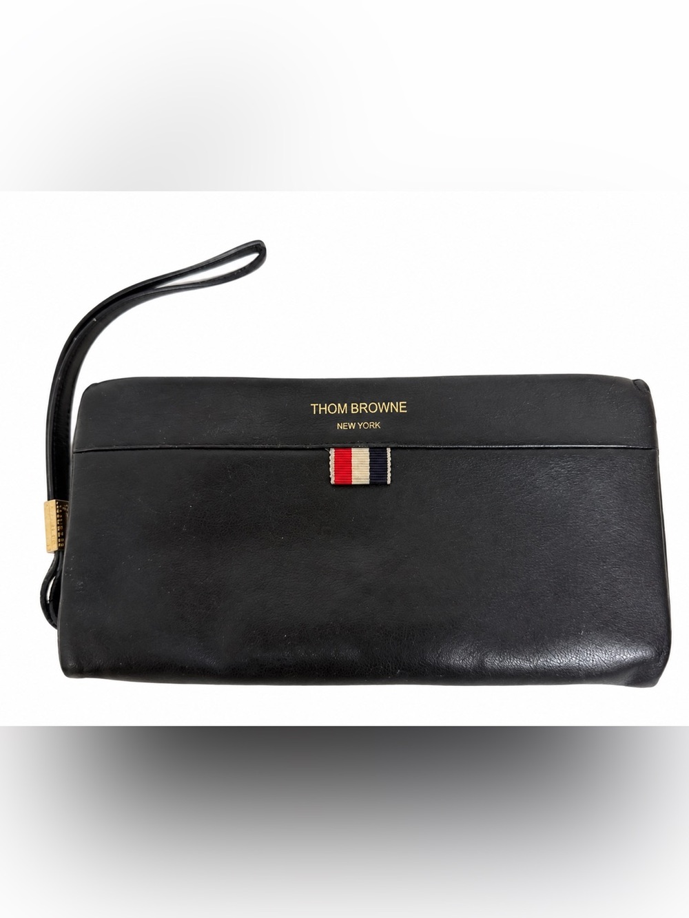 Thom Browne Black Leather Zip Around Wallet Wristlet RWB Stripe Gold Hardware